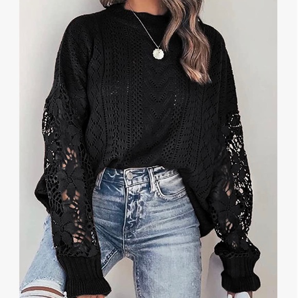 🔥 Women Lace Crochet Long Sleeve Crewneck Sweaters Winter Knit Pullover - Picture 3 of 5